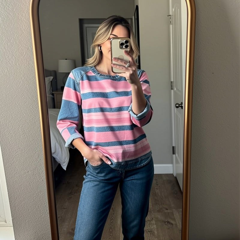 THE FREJA | Blød stribet top med denimdetaljer