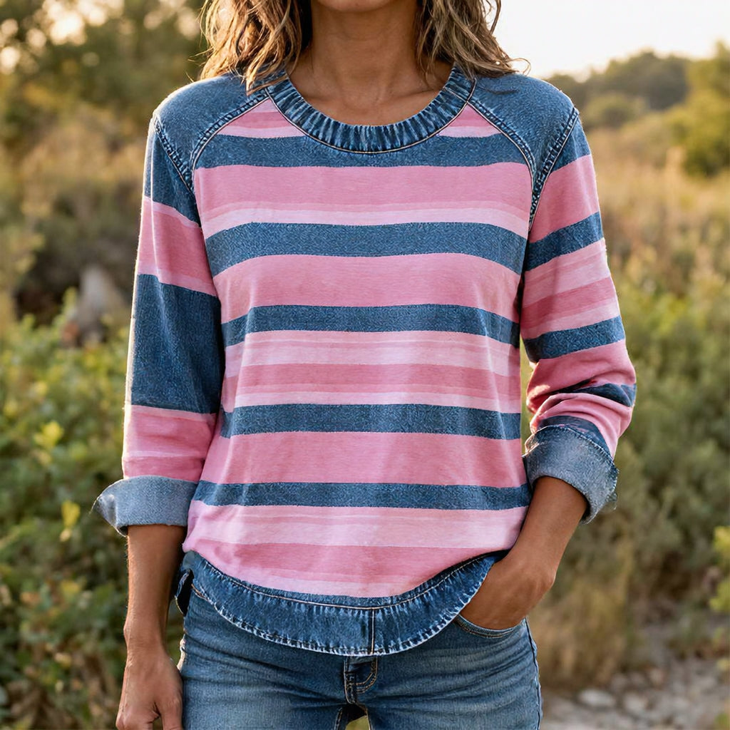THE FREJA | Blød stribet top med denimdetaljer