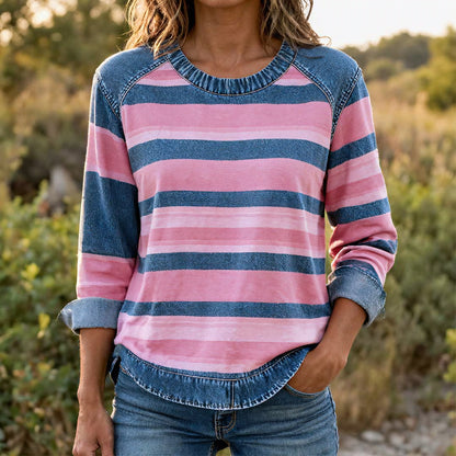 THE FREJA | Blød stribet top med denimdetaljer