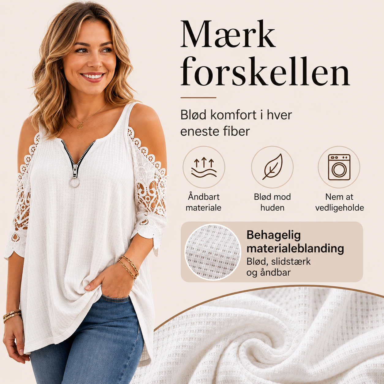 THE ELISE | Flatterende bluse med åbne skuldre og blondedetaljer