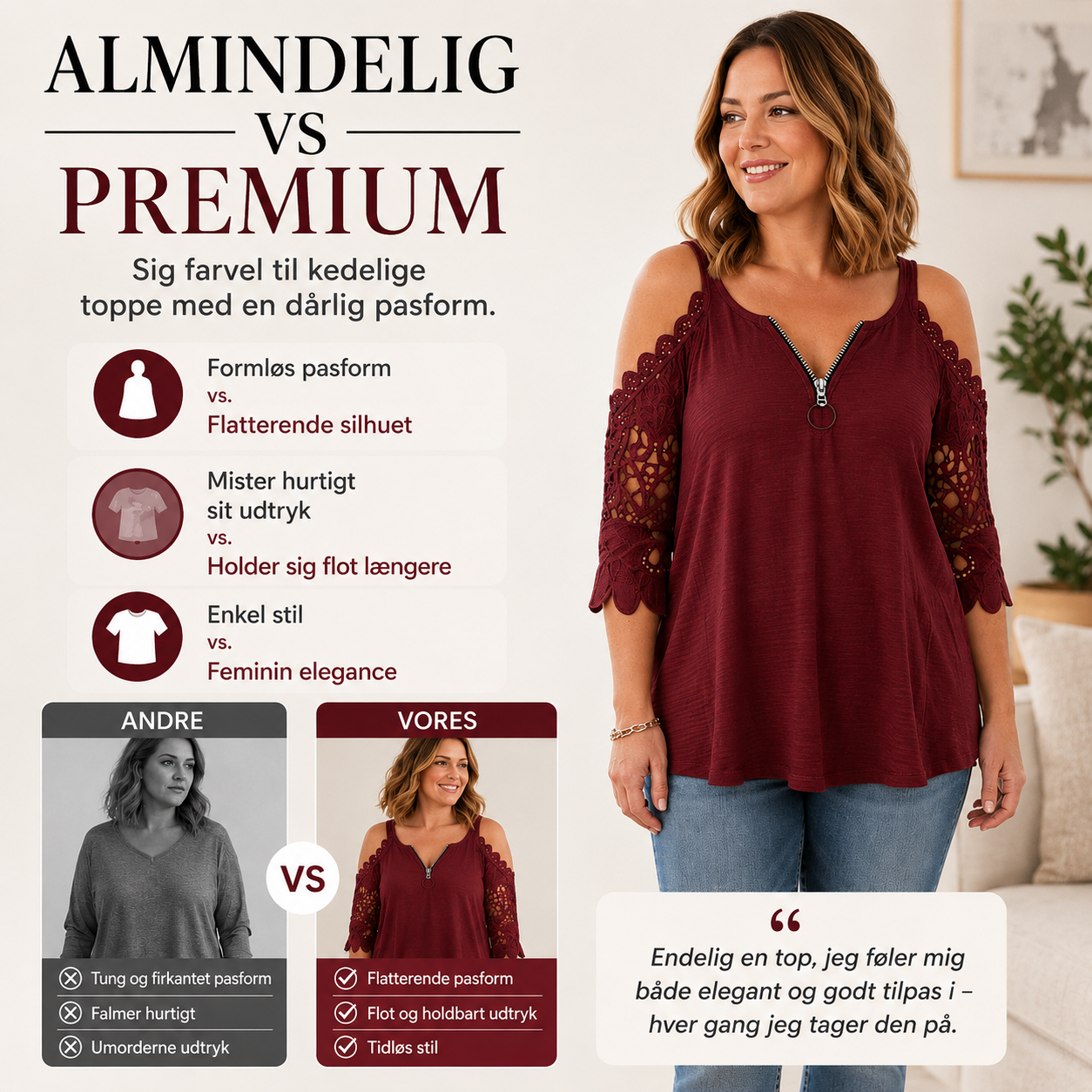 THE ELISE | Flatterende bluse med åbne skuldre og blondedetaljer