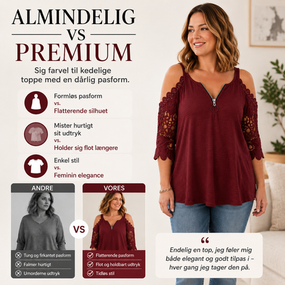 THE ELISE | Flatterende bluse med åbne skuldre og blondedetaljer