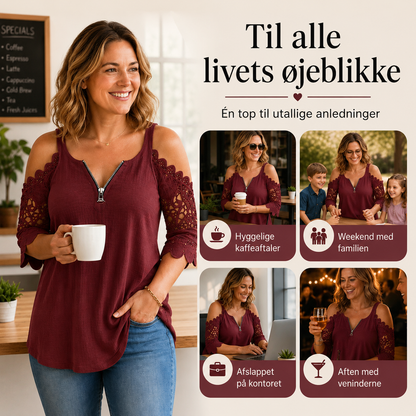 THE ELISE | Flatterende bluse med åbne skuldre og blondedetaljer