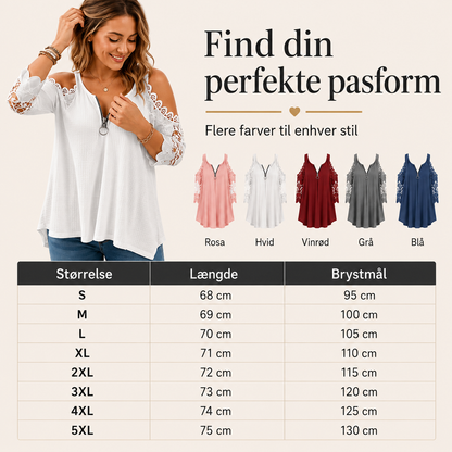 THE ELISE | Flatterende bluse med åbne skuldre og blondedetaljer